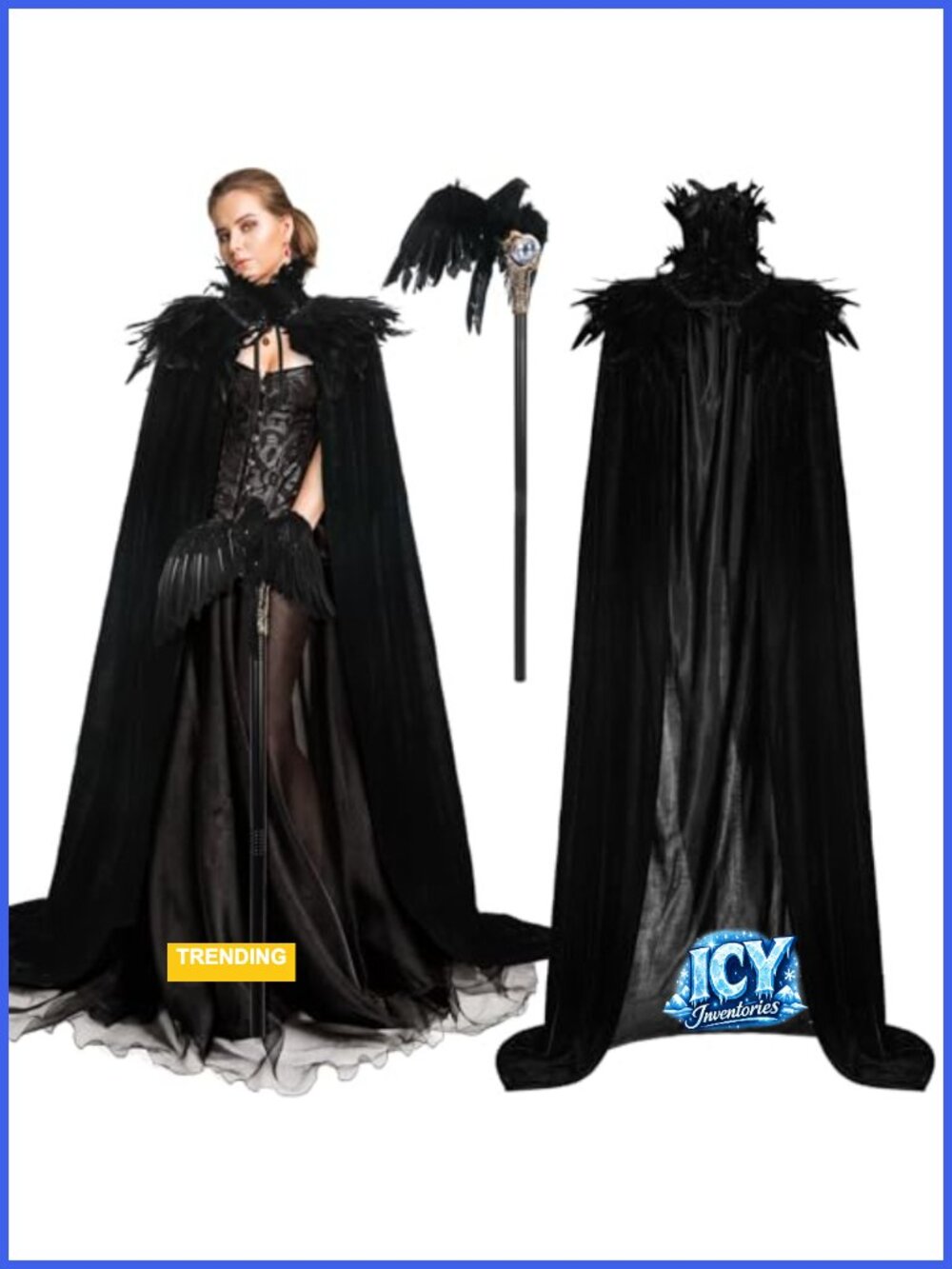 Gothic Witch Feather Collar Cape Evil Queen Costume Set with Crow Scepter